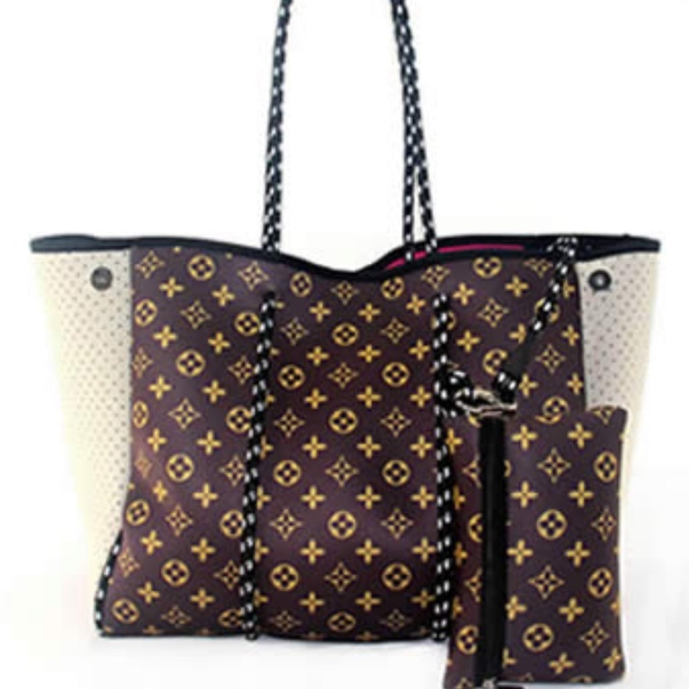 Flower neoprene tote with wristlet.